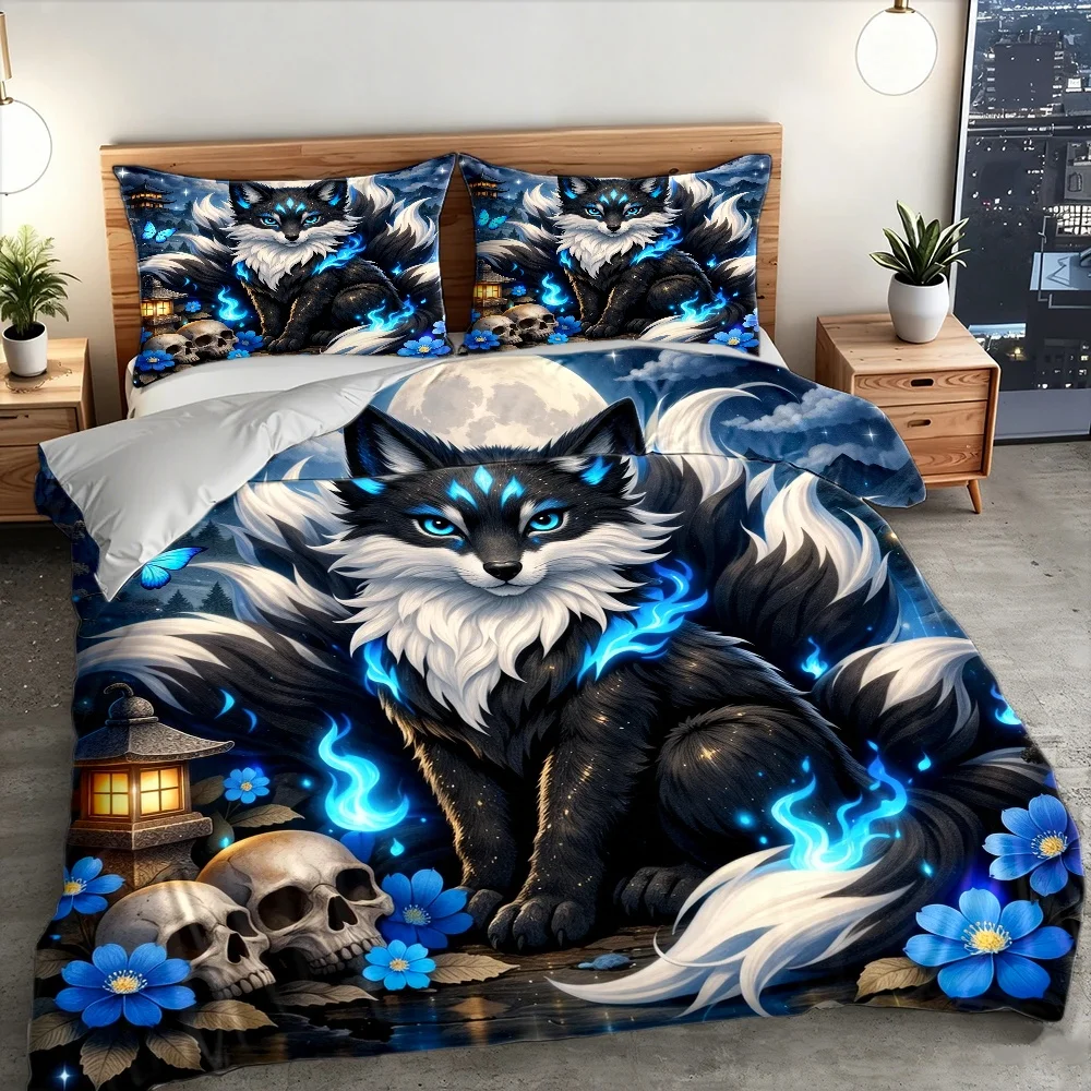 3Pc Mysterious Nine-Tailed Fox Duvet Cover Set, Three-Piece Bedding Set (1*Duvet Cover + 2*Pillowcases), Suitable for All Seasons, Machine Washable, Invisible Zipper Personal Bed Cover, Japanese Style Ancient Blue Flame Fox Bedding, Suitable for Home, Dormitory, Master Bedroom, Guest Room, Large Duvet Cover Bedding Set, Dreamy Starry Sky Skull Floral Print, Comfortable and Skin-Friendly, Easy-To-Care Bed Cover Set, Hot-Selling Anime Style Three-Piece Bedding Set 2D Flat Print view 2
