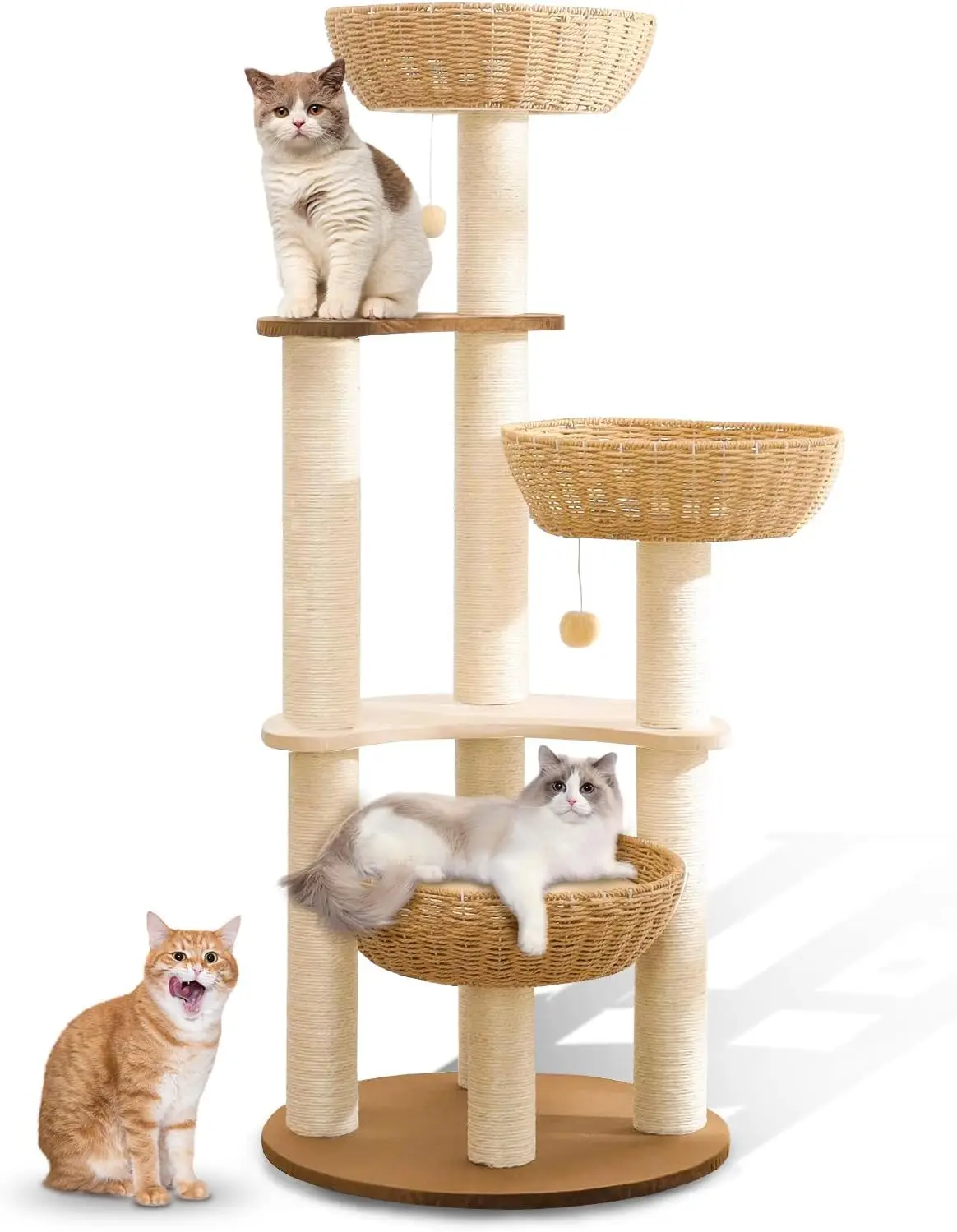 

52" Modern Cat Tree Tower for Large Cats, 3Cat Nests Manual Hand Woven Multilevel Huge Paws Pals Cat Tree, Wood Cat Tower