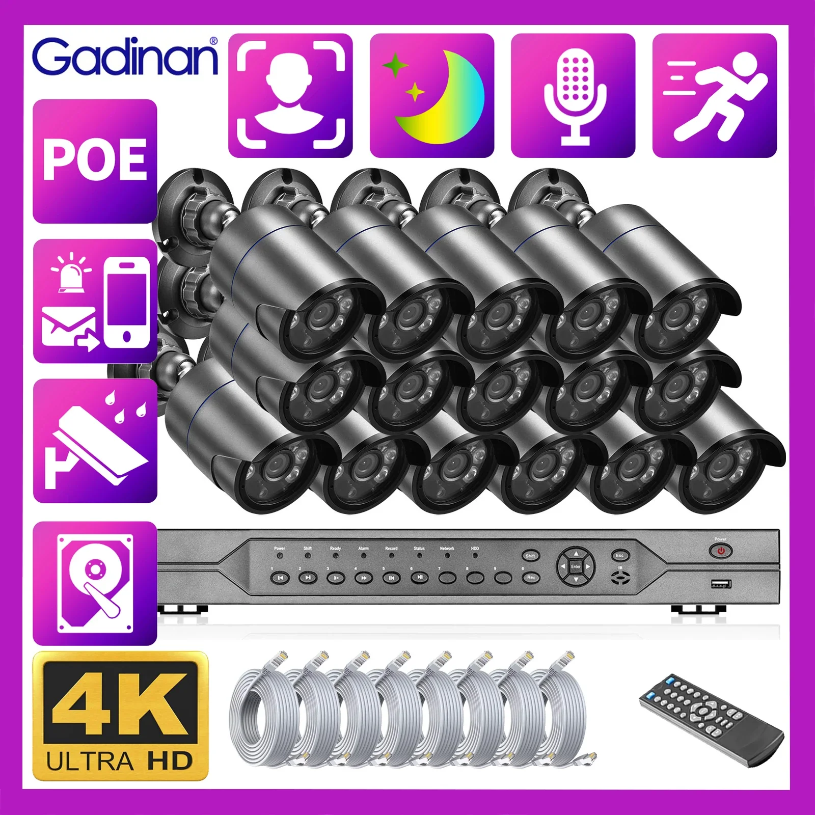 Gadinan Outdoor 4K 8MP Camera System Color Night Vision CCTV Video Surveillance Kit 4MP PoE Face Detection 16CH NVR Set XMEye