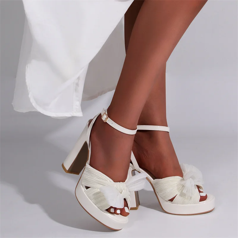 IPPEUM Women Platform Sandals White New High Heeled Bowknot Ankle Buckle Strap Chunky Square Heel Wedding Shoes