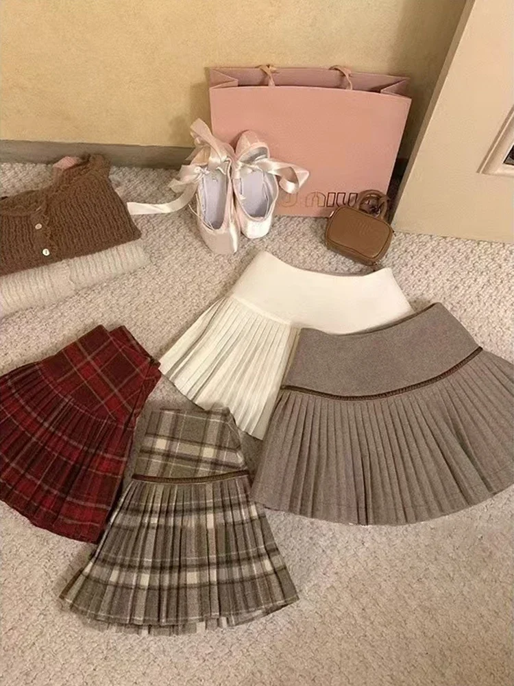 Vintage Plaid Pleated Skirts Women Y2K Autumn Winter Preppy Faux Woolen Mini Skirts Female High Waist Sweet Blended Skirts New