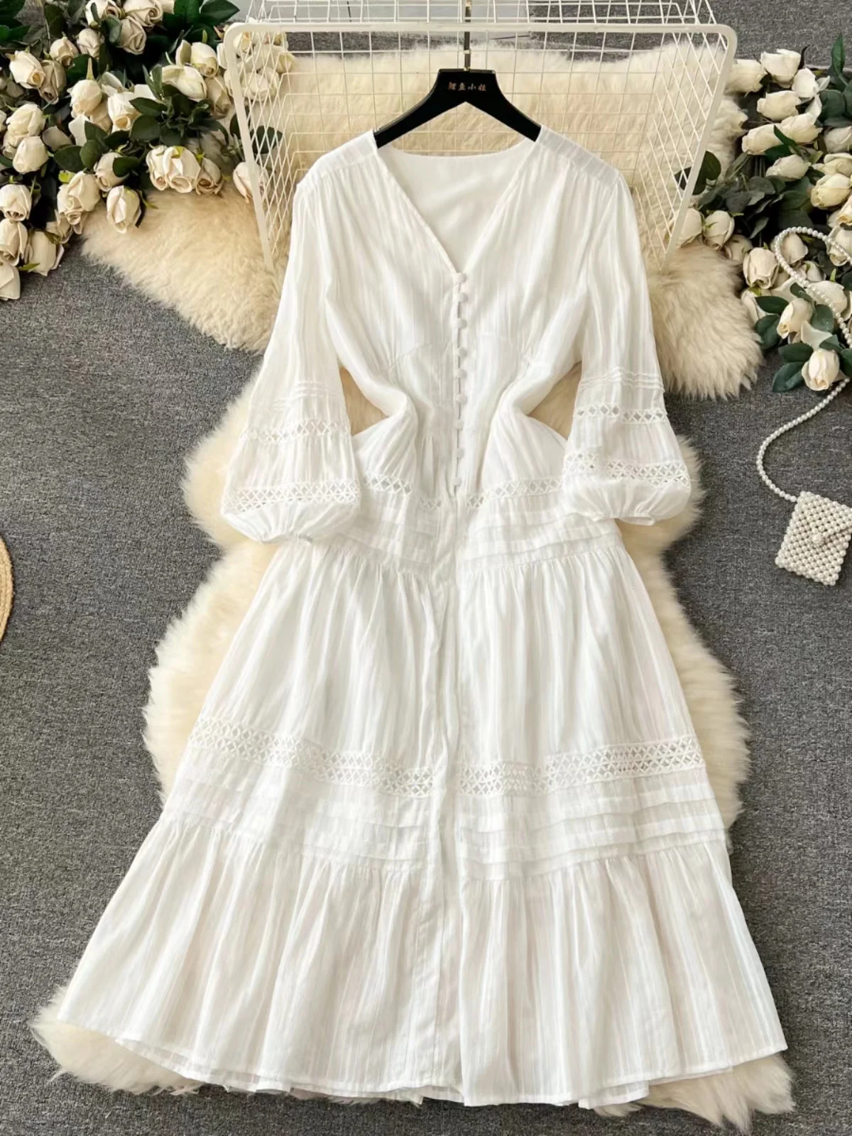 

French Gentle V-Neck Puff Sleeve Temperament Dress Women's Summer Fashion Hollow Lace Slim Fit A-line Elegant Casual Long Skirt