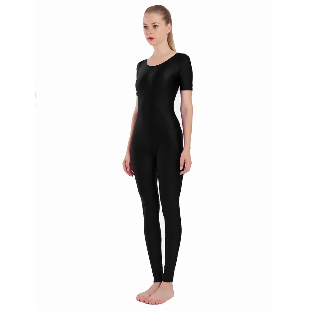 AOYLISEY Women Black Short Sleeve Unitard One-Piece Spandex Full Body Scoop Neck Spring Jumpsuit Men for Adult Zentai Dance Wear