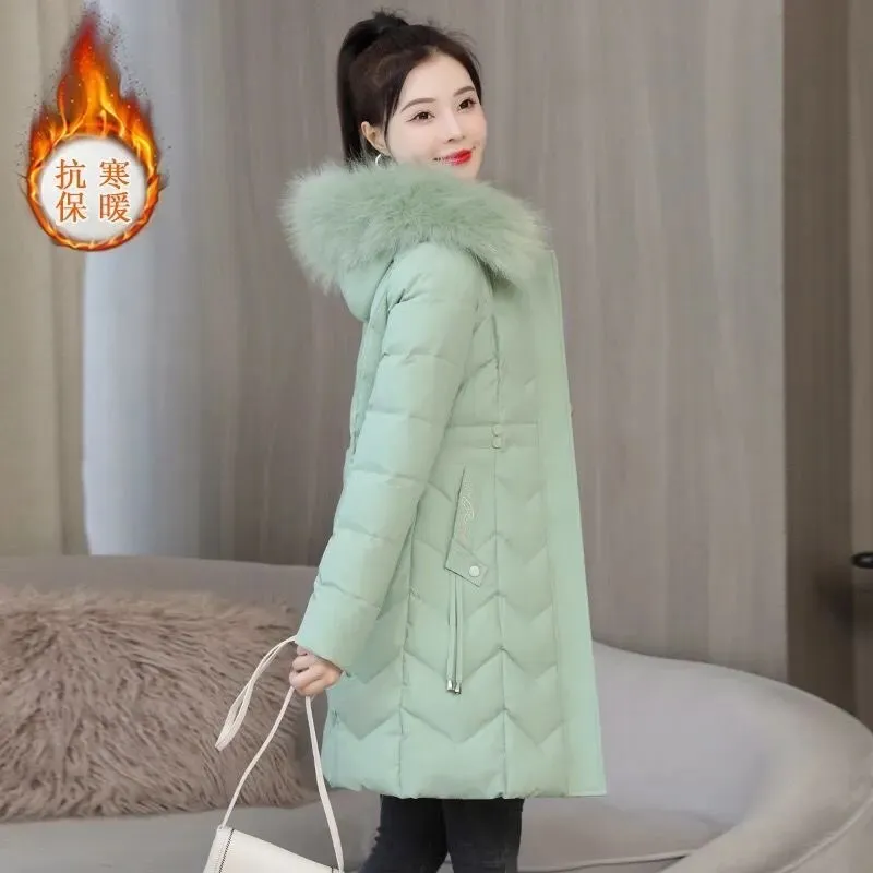 New Slim Long Winter Jackets Fashion Women Cotton Padded Parkas Stand Hooded Detachable Fur Collar Solid Female Casual Coat 2024