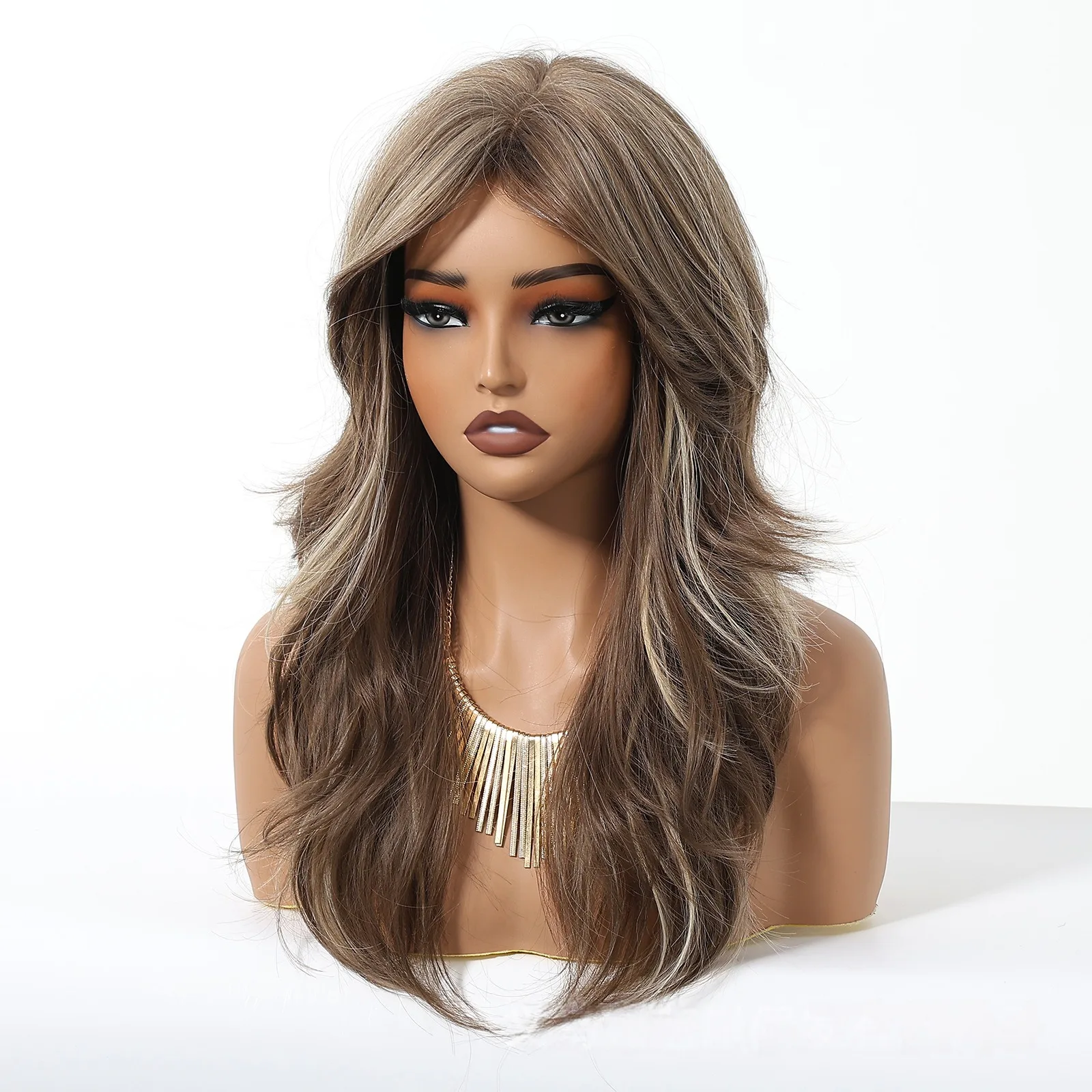 Brown Blonde Highlight Long Wavy Layered Synthetic Wig Middle Part Women Natural Daily Party Cosplay Costume Hairpiece