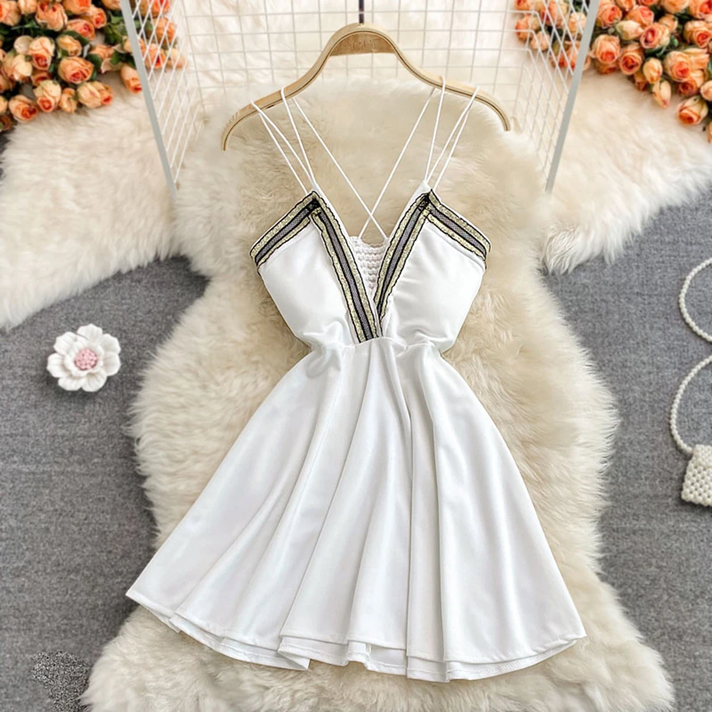 

Summer Deep V-neck Sleeveless Dress Women Spaghetti Strap Sexy Splicing A-line Short Dresses Casual Fashion Beach Skirt