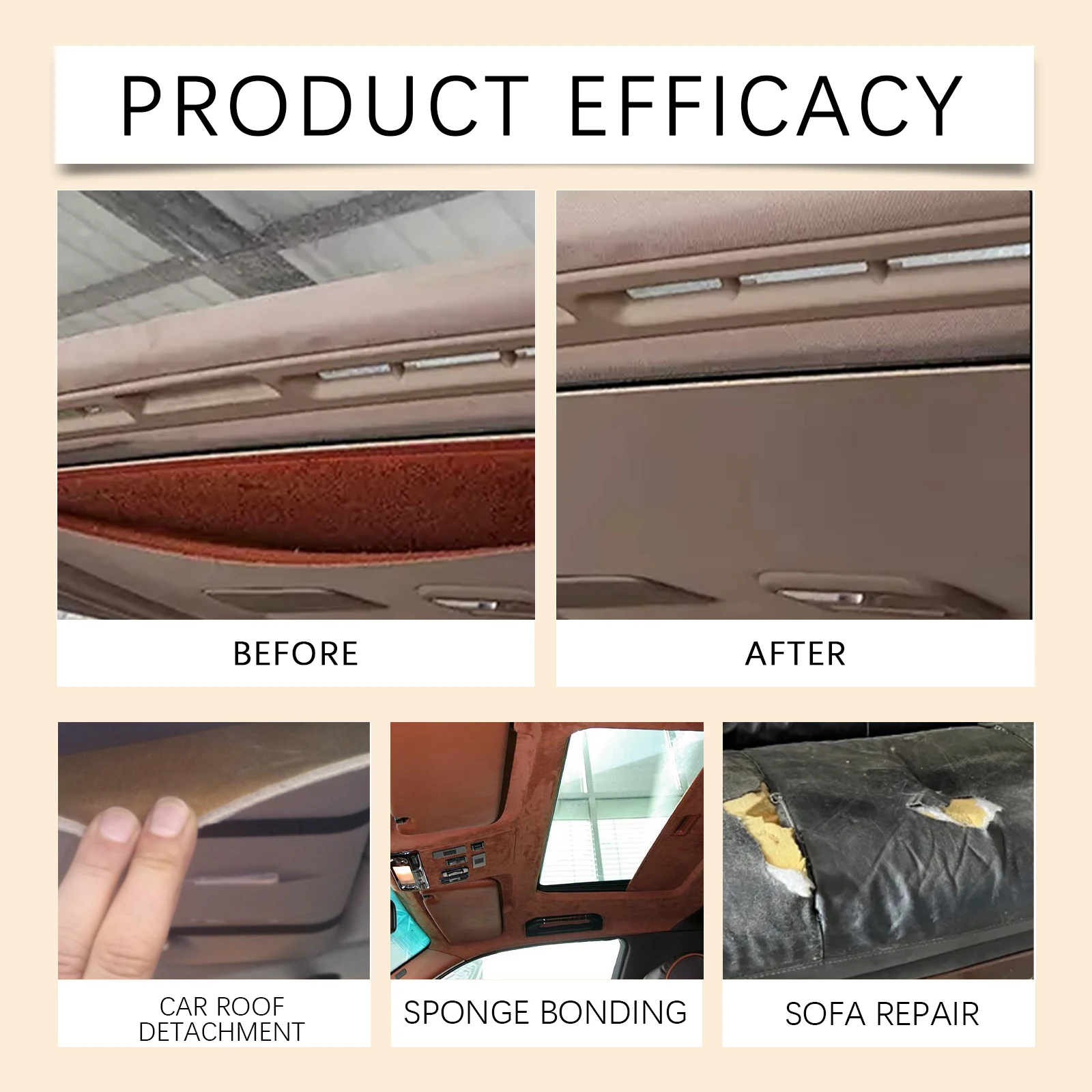 Auto-Dachverkleidung und Innenreparaturkleber, flexibler Kleber für Stoff, Vinyl, Leder, Reparatur, Fixiert durchhängende Dachhimmel, Nähte, Tränen – Detail 6