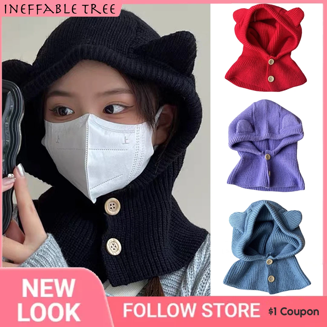 Y2K Winter Skullies Cute Bear Ear Beanies Hat Buttons Bib Men Warm Cap Women Scarf Caps Balaclava Mask Gorra Bonnet Knitted Hats