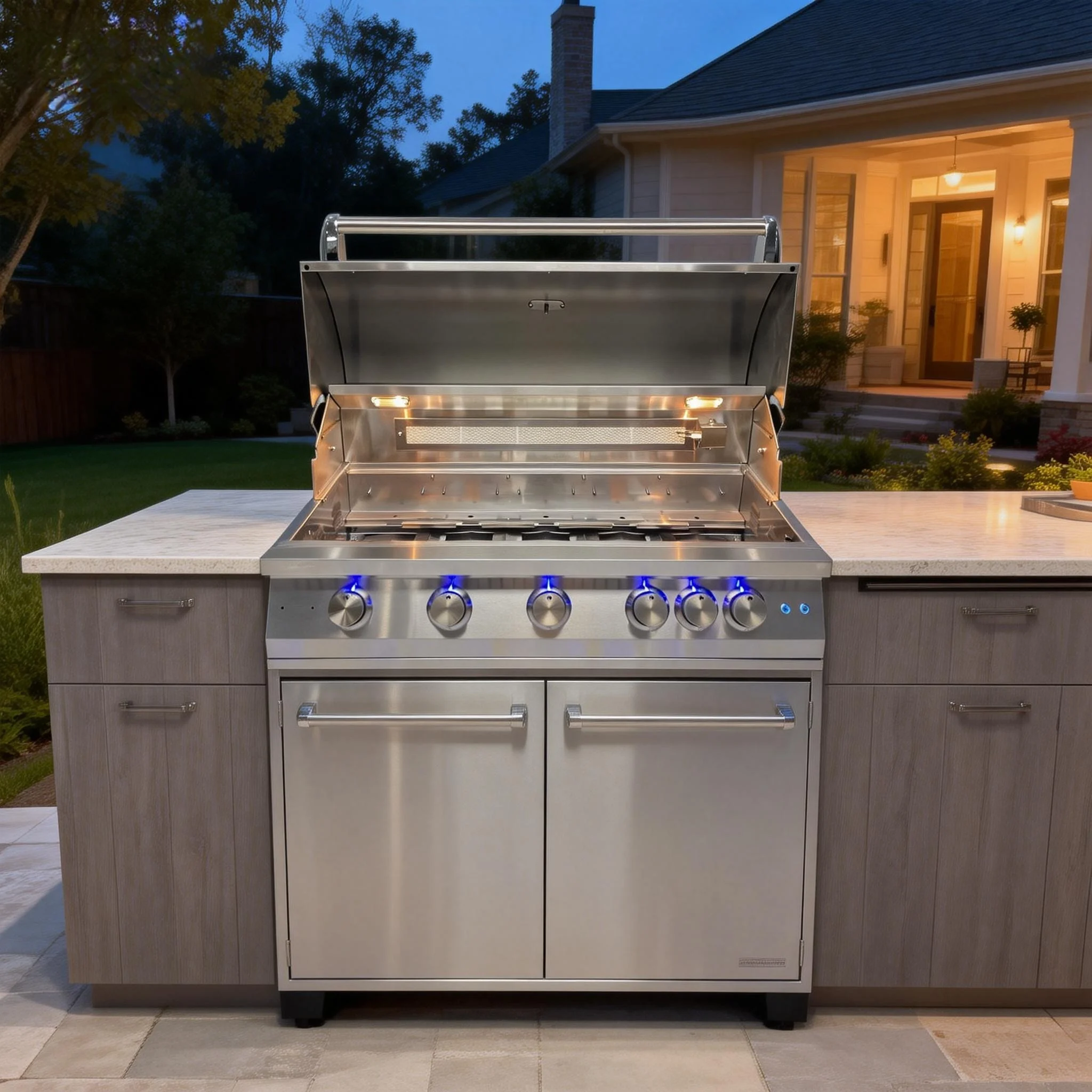 Heavy Duty Premium Modern Luxurious Built-in 304 Stainless Steel 40-Inch Gas LPG NG 5-Burner Electronic Pulse Ignition BBQ Grill