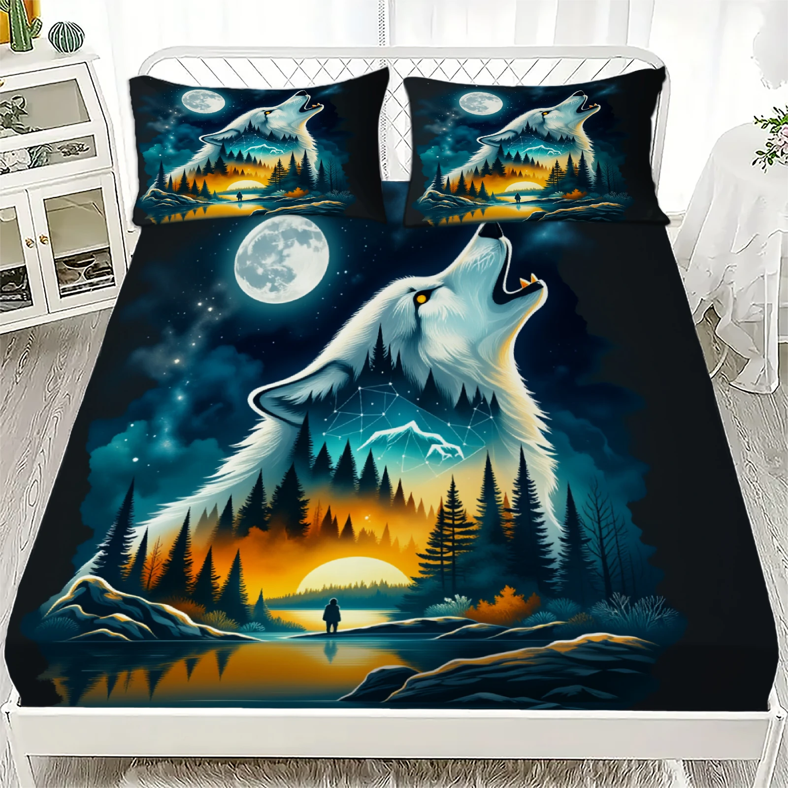 

Комплект из 3-х предметов: простыня на резинке с 3D-принтом «Волк, рычащий над луной» и сцена ночного леса, с наволочками для декора спальни