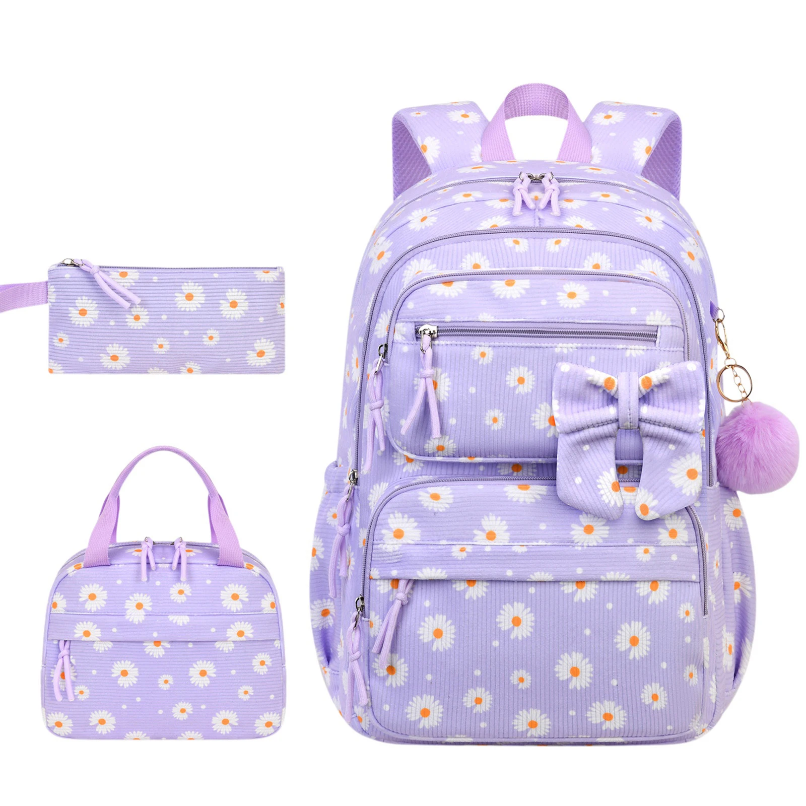 Girls Sweet Corduroy Backpack with Compartments Soft Stylish Rucksack Cute Lightweight Backpacks Commute Studying Pouch