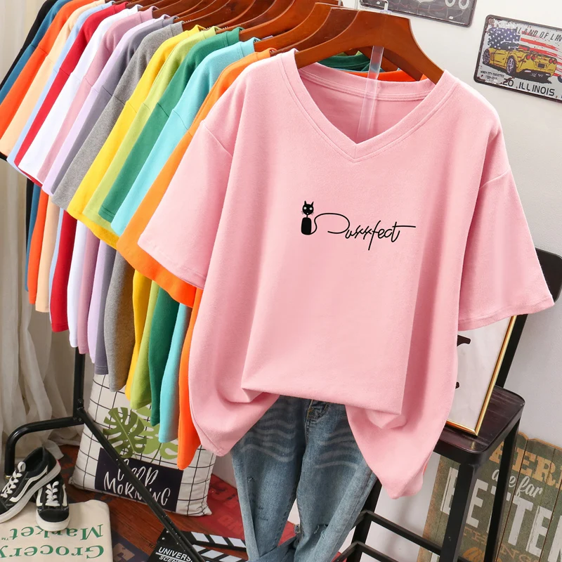 DAYIFUN Women Cotton T-Shirts Ladies Plus Size Short Sleeved Summer Tshirts Korean Loose 100KG Tees Female Casual V-neck Tops