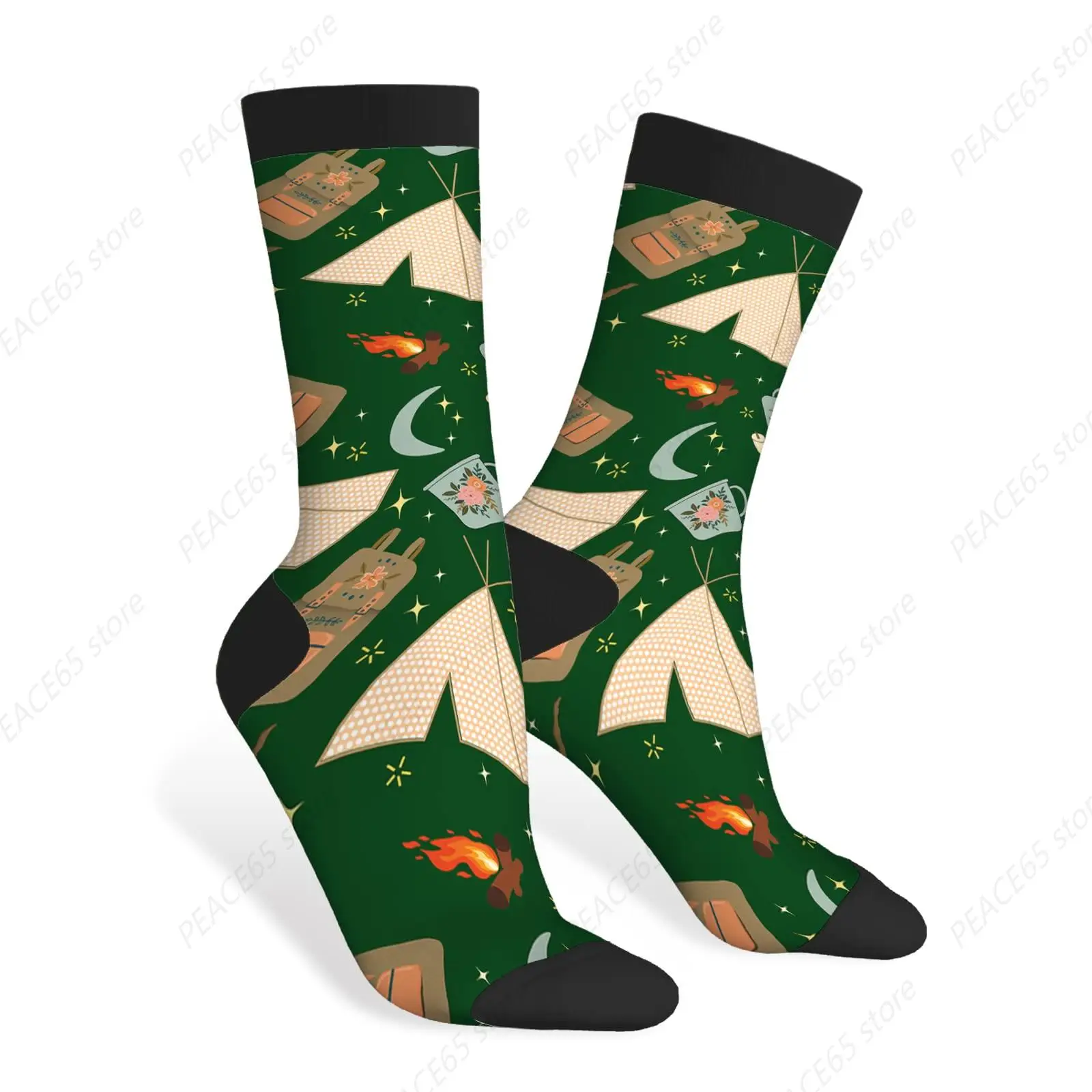 

Забавные носки для костра в ночное время, походный кемпинг с луной и звездами и палатками, дизайн контрастного цвета для женщин и мужчин, подарок