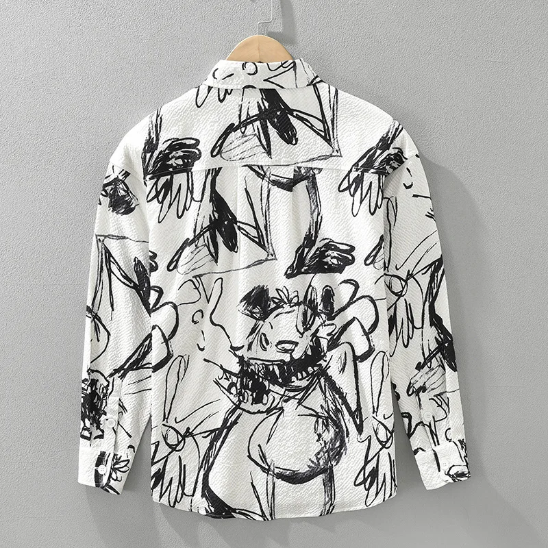 Harajuku Graffiti Print Long Sleeve Shirt For Men Y2K Streetwear Comfortable Versatile Casual Artistic Loose Shirt Spring Autumn