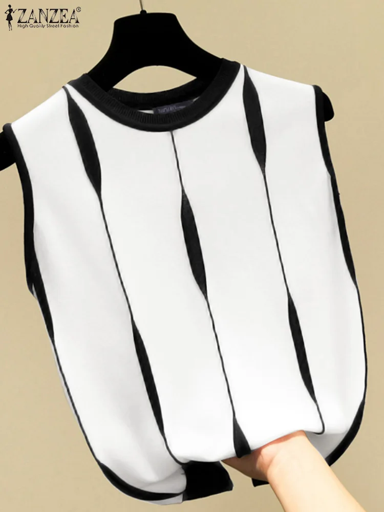 2024 ZANZEA Summer Camis Fashion Holiday Tanks Tops Oversize Elegant Casual Work Shirt Tees Mujer Women Striped Splicing Blouse