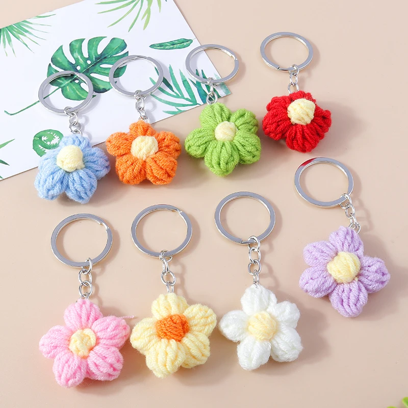 Aihua Hot New Handmade Knitted Keychain Keyring For Women Girl Cute Crocheted Flower Pendants Car Key Ring Handbag Charms Gifts