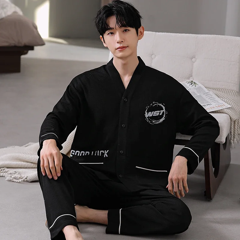 Waffle Pajamas Men's Spring and Autumn 2025 Bew long sleeve Cardigan set boys teen plus 5XL size Kimono Cotton lounge set Hombre