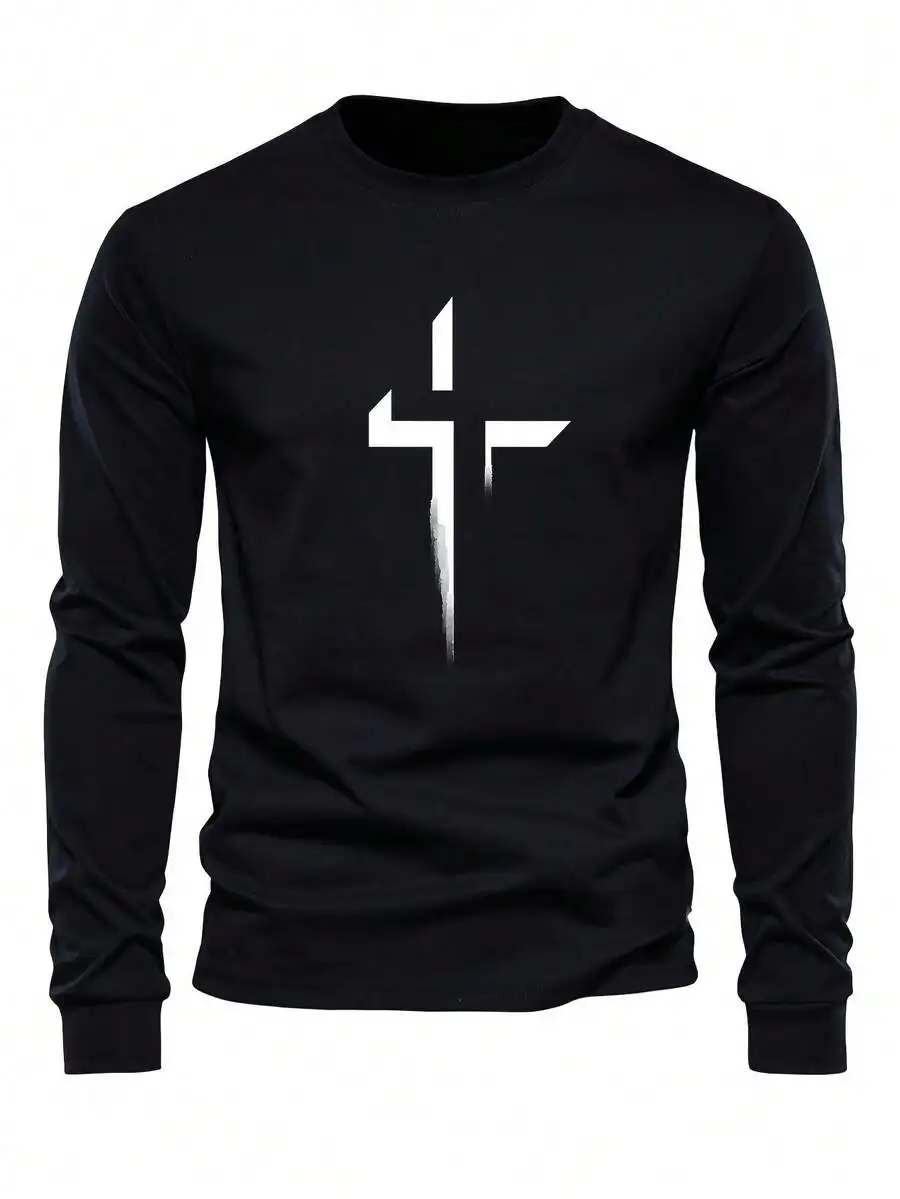 

Mens Black Long Sleeve Crew Neck T-Shirt With White Cross Print Casual Top