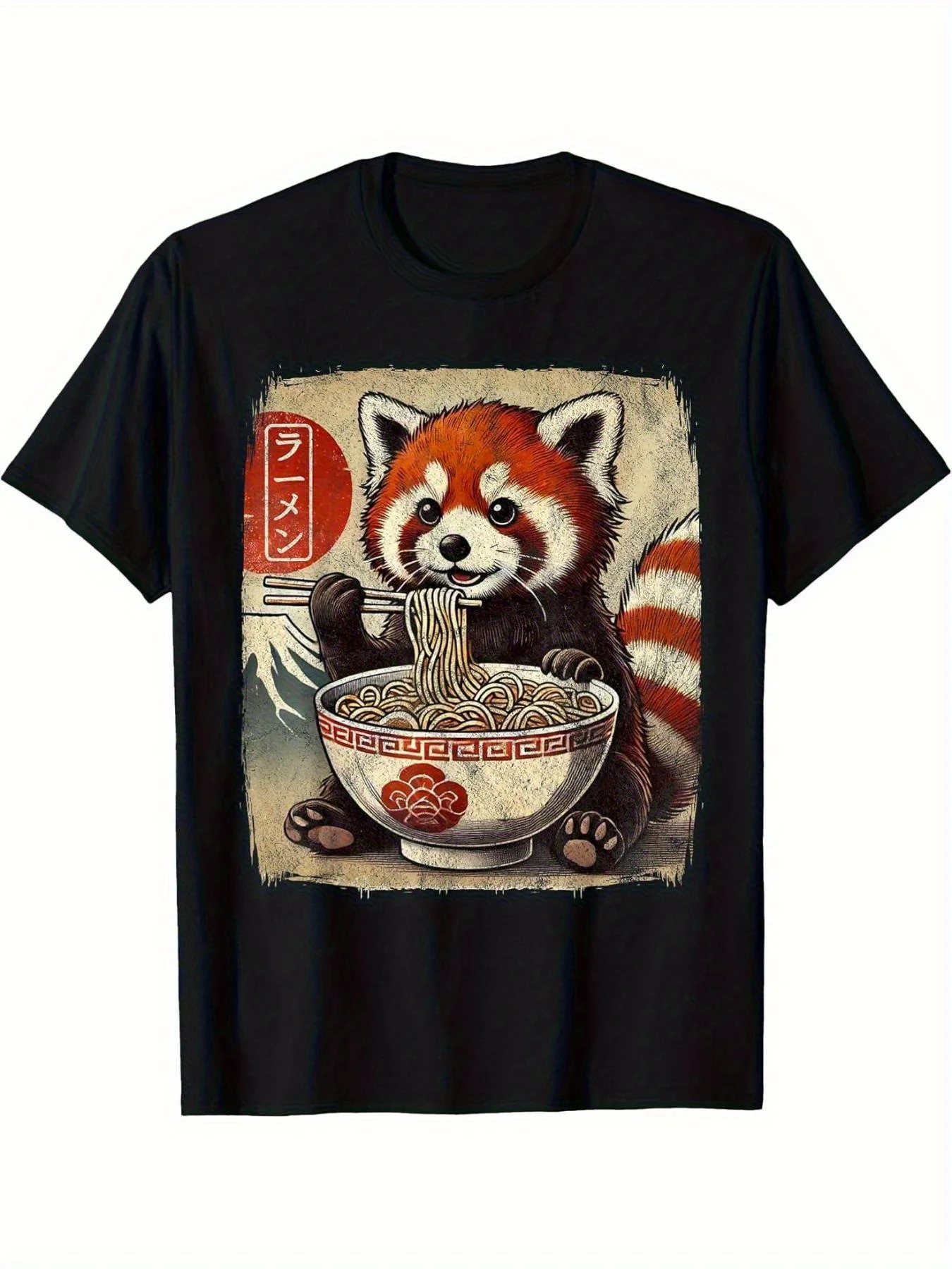 Camiseta informal con diseño de Panda lindo comiendo ramen, estilo anime japonés, cuello redondo, ropa de mujer, moda de verano, ropa de calle Y2K