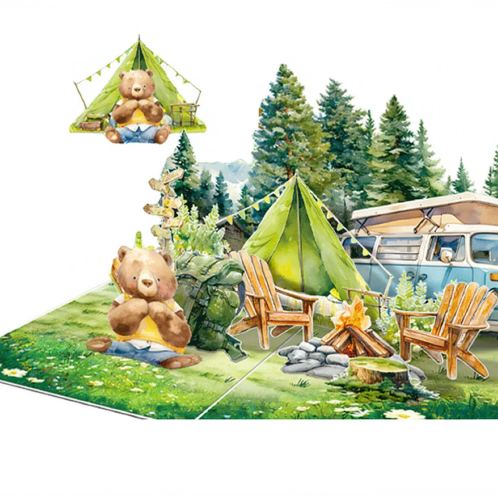 Detailed 3D Bear Camping Pop Up Greeting Card Colorful Paper Craft Gift Card For Children Day Festival Party Celebration