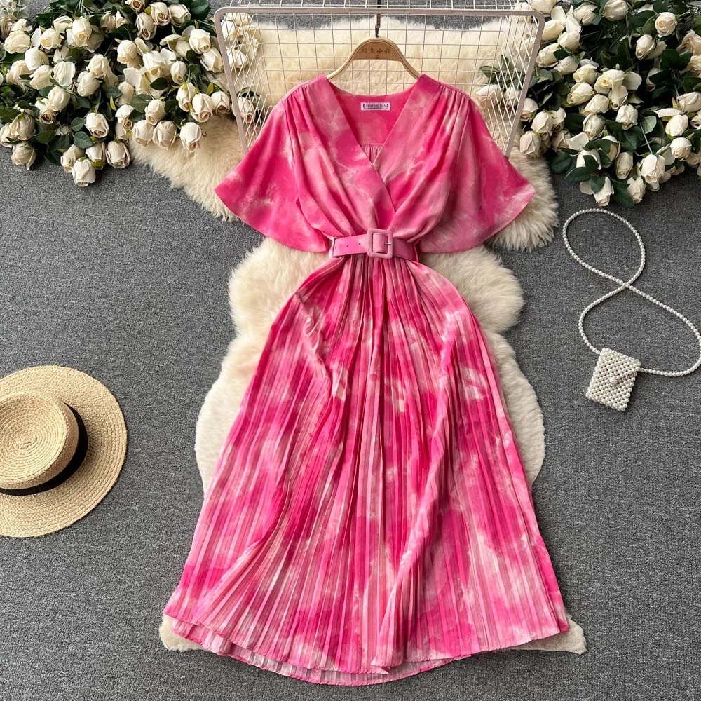 Pink Elegant Solid V-neck Short Sleeve Folds Vestido Women Casual Lace-up Pleated Dress 2024 New Tide Summer