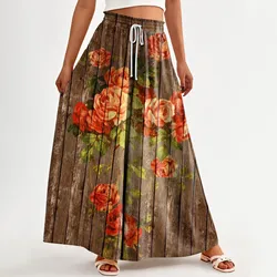 Women Summer Casual Beach Wide Leg Pants Floral Print Bohemian Elastic High Waist Pants With Pockets