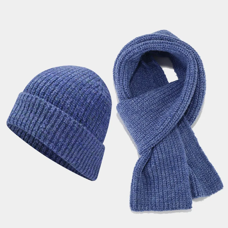 2pcs Set Beanies Hats Scarf for Women Men Unisex Knitting Winter Caps Sets Solid Color Thickened Fushia Blue Green Coffee Red