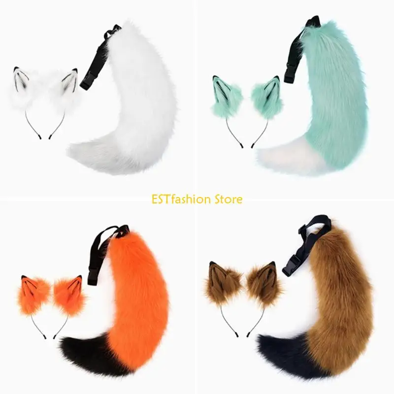 Y5GC Wolf Oren en Staart Set Harige Vossen Oor Hoofdband met Wolf Vossen Staart Halloween Dier Cosplay Kostuums Volwassen Tiener