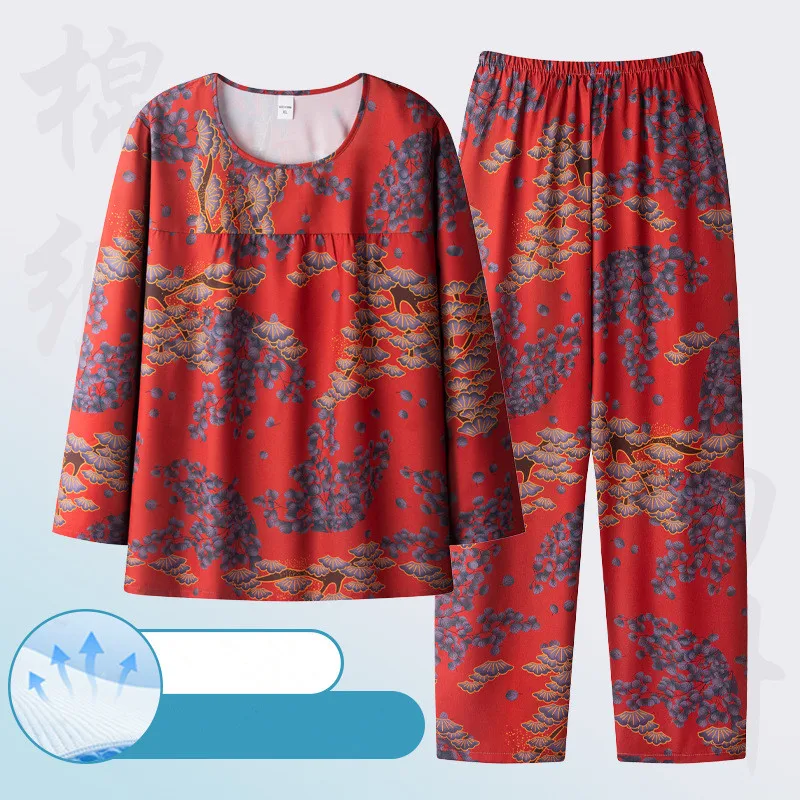 

XL-4XL Middle Aged Mother Two Piece Set Round Neck Long Sleeve Pajamas Women Cotton Spring Autumn Sleepwear Pyjamas Femme Home