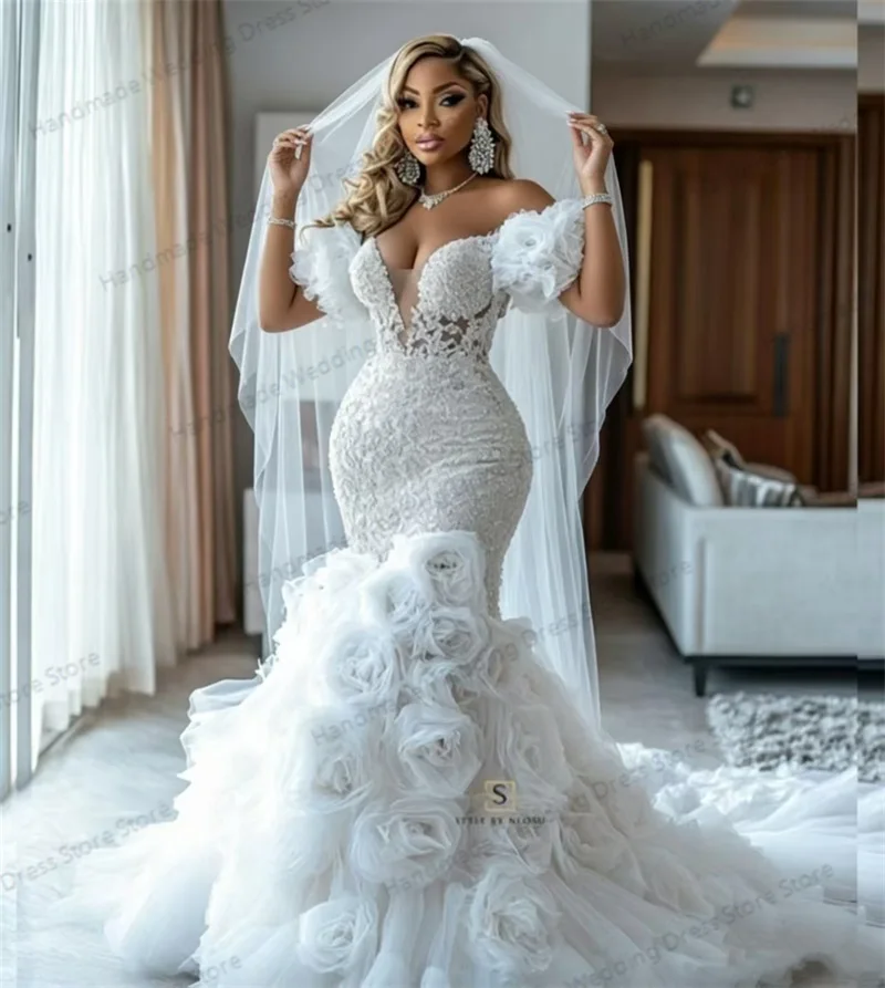 

Luxury Crystals Wedding Dress 3D Flower Sexy Off Shoulder Short Sleeves Mermaid Bridal Gown Customized Garden robe de mariée