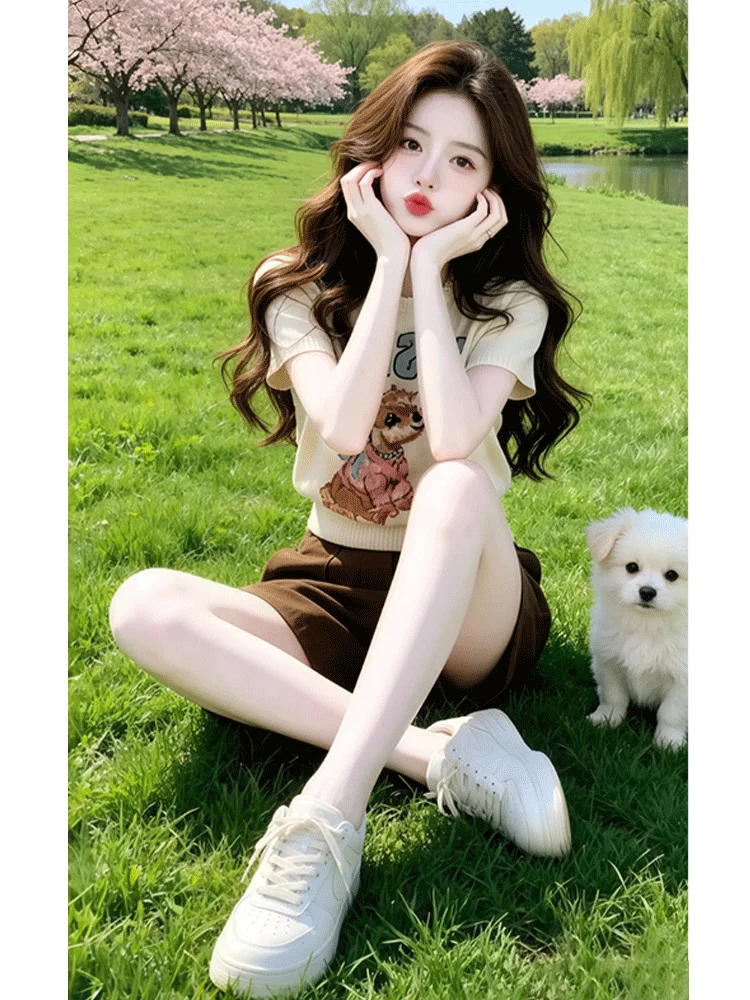 

Korean Sweet Style Fashionable Two-Piece Set Women's Summer New Dog Print Short Sleeve High Waist Shorts Suit Casual Loose Fit
