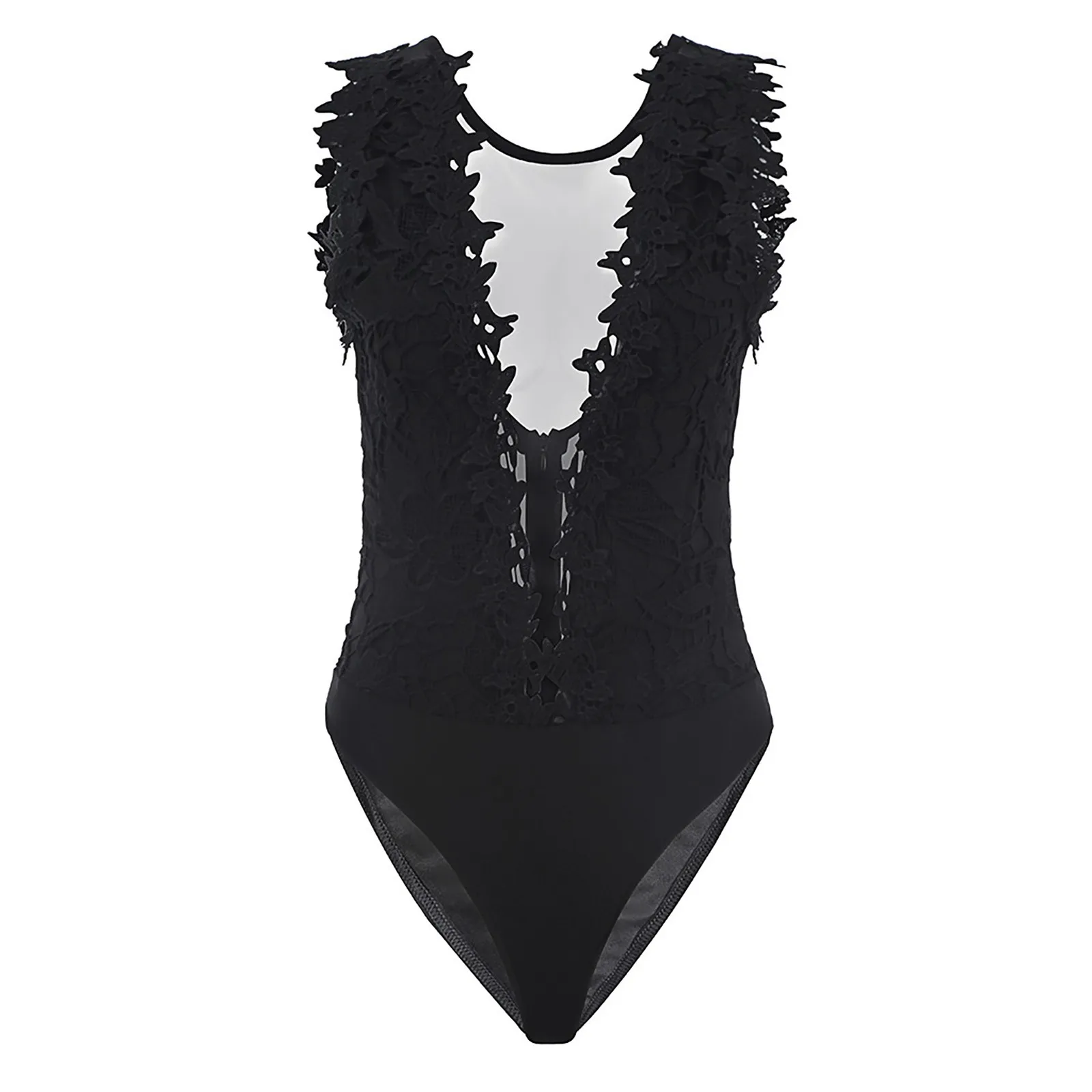 Women Exotic Sets Fashion Sexy Back Zipper V-Neck Slim Bobysuits Lace Embroidery Mesh Patchwork Sleeveless Hollow Bobysuits