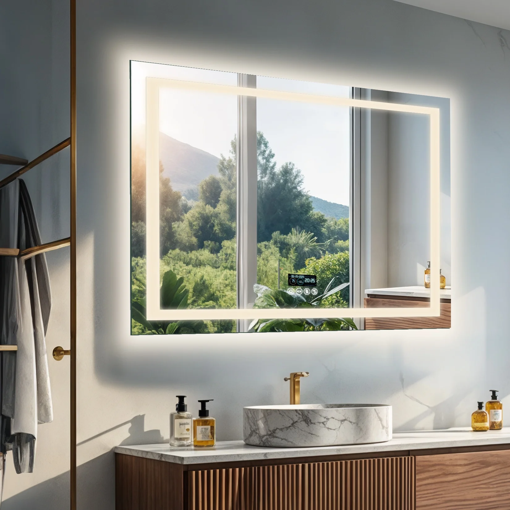 80/100/120/140cm LED Bathroom Mirror with Bluetooth Speaker Antifog Dimmable 3 Lights Time Setting Backlitligth Vanity Wall Mirr