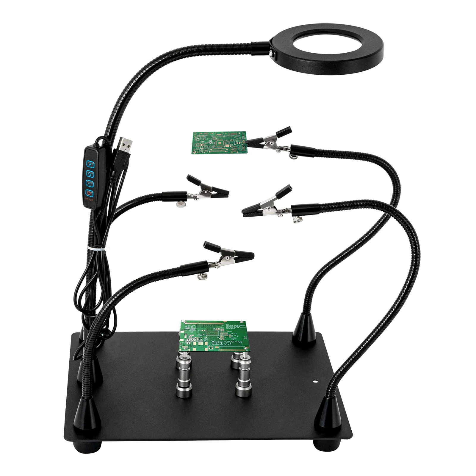 Soldering Station with Lamp with 3X LED Magnifier Lamp, 4 PCB Columns PCB Holder with Flexible Metal Arms Electronic Repair Tool