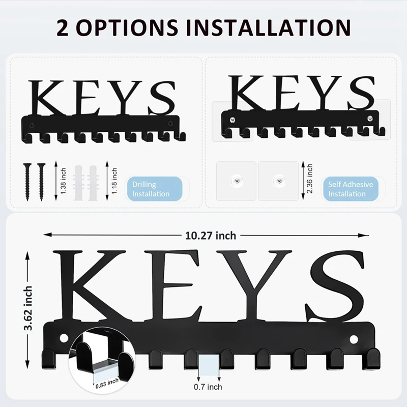 키홀더 벽 마운트, 블랙 키 행어, 벽 장식 키 랙 정리함, 금속 키 체인 홀더, 10 키 후크, 사용하기 쉬운