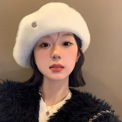 Simple Solid Color Autumn and Winter Plush Beret Street Fashion Big Head Versatile Dome Warm Literary Painter Hat for Women's