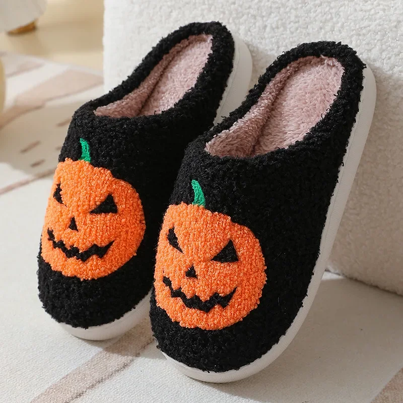 Winter New Unisex Pumpkin Halloween Slippers Women Men Flannel Slippers Warm Plush Cozy Non-Slip Indoor Fuzzy Couple House Shoes