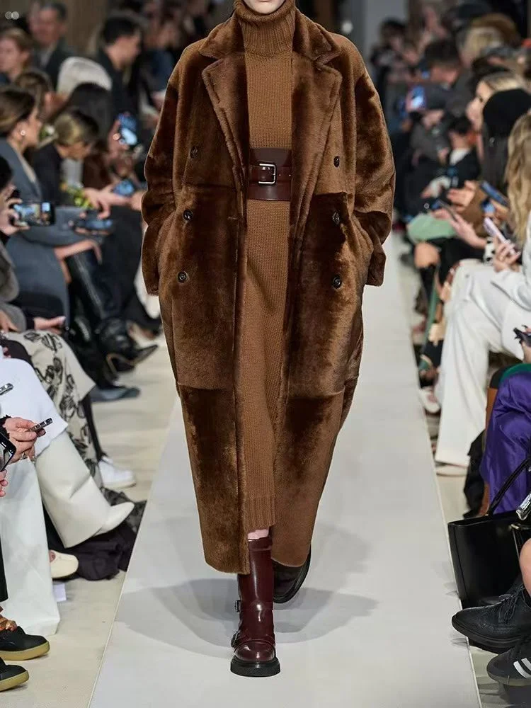

High Quality Wool Coat Fashion Women's Brown Long Coat Sheepskin Luxury Grey Loose Shearling Coat