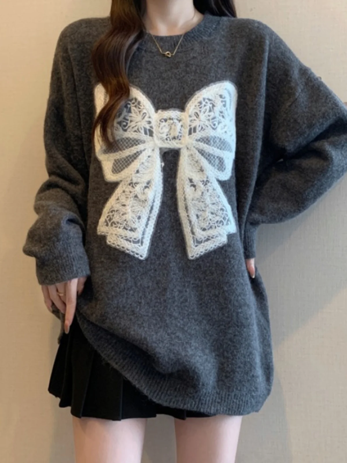 

Gray Lace Knot Shoulder Length Sweater Women's Mid-Length Knitted Top Large Size Fashion Spring New Arrival