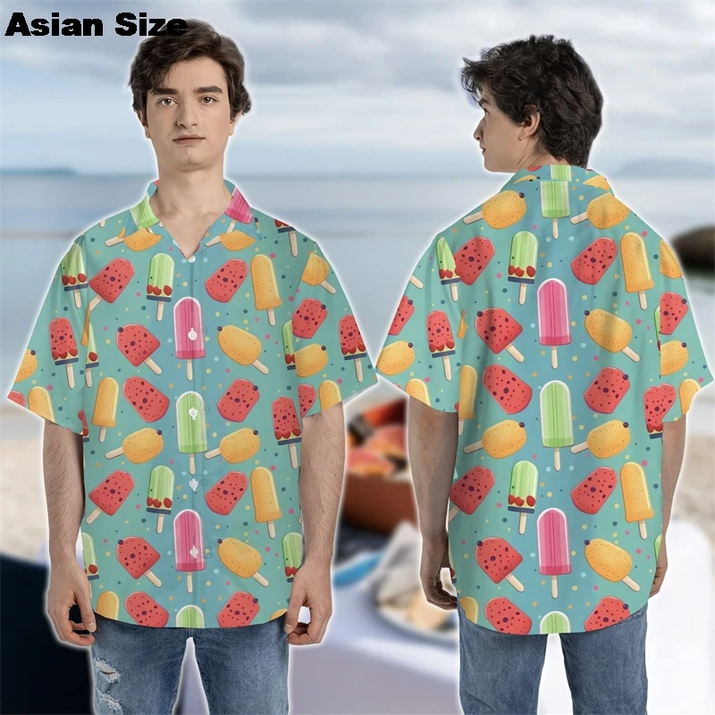 

Cartoon Ice Cream Graphic Beach Shirt Harajuku Fashion Shirts For Men Clothes Dessert Female Blouses Women Short Sleeve Y2k Tops