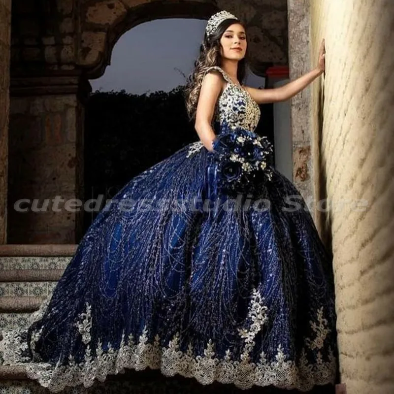 Charro Vestidos De XV ol abiti Quinceanera blu Navy Applique in pizzo paillettes ragazze messicane Quince compleanno dolce 15 abiti