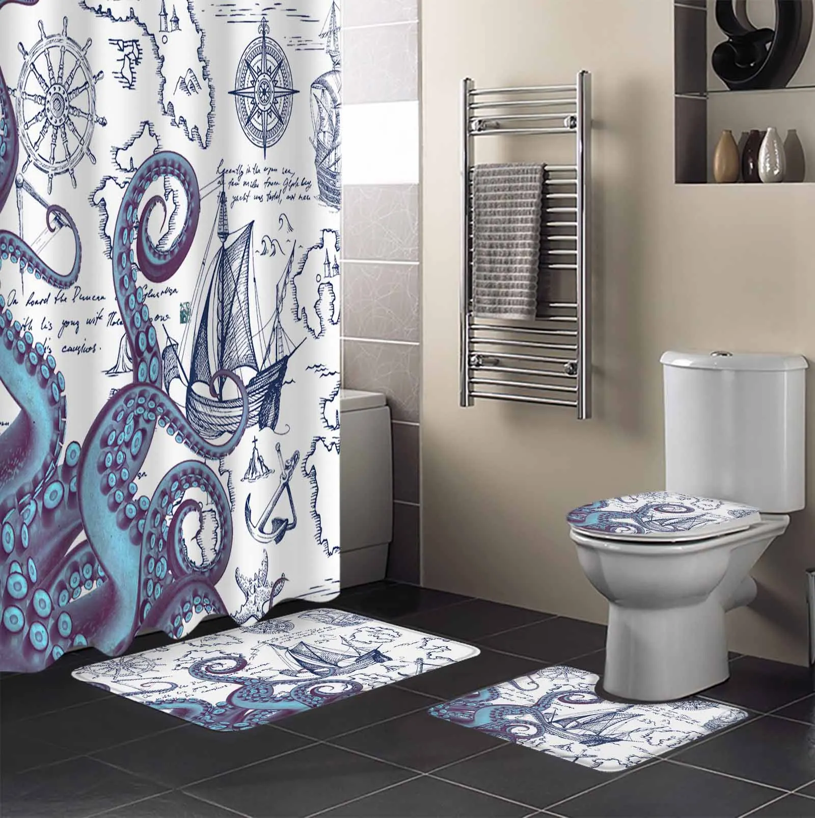 Nautical Octopus Shower Curtain Non-Slip Rugs Toilet Lid Cover and Bath Mat Bathroom Curtains with Hooks