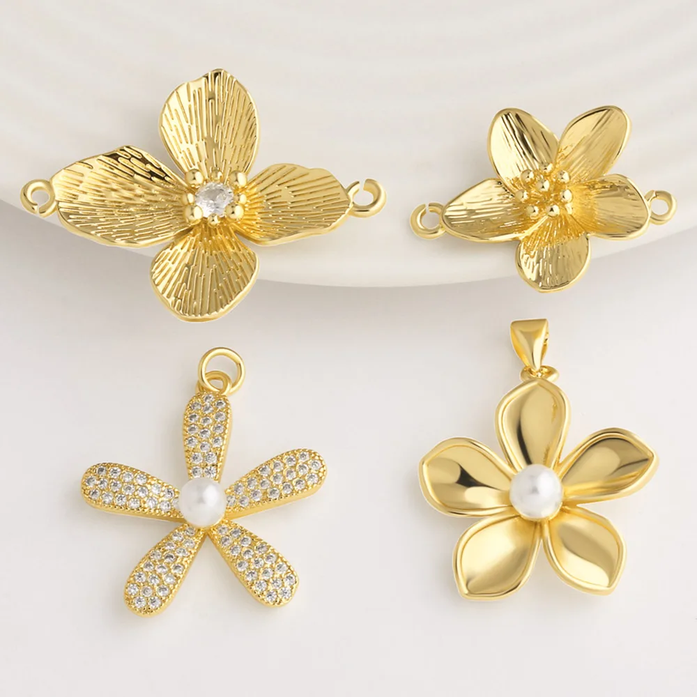 OCESRIO Small Flower Floral Pearl CZ Connector Pendant for Bracelet Copper Gold Plated Jewelry Making Component DIY chma706