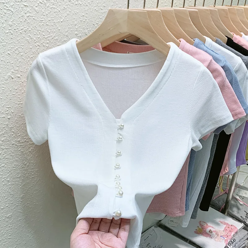 Summer T Shirts Women V-Neck Pearl Buttons Cropped Tshirt Tee Lady Solid Slim Cardigan Crop Top for Female