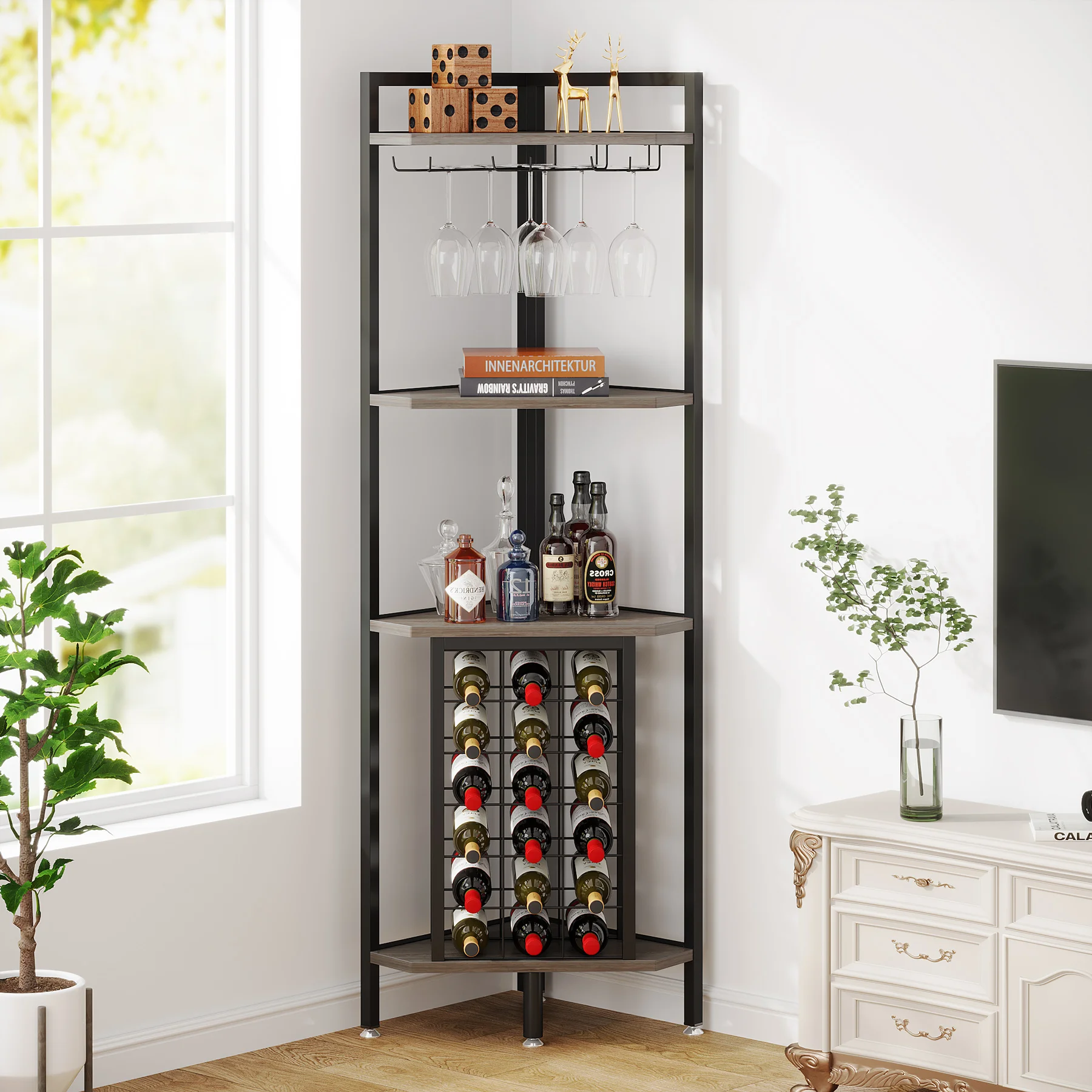 Tribesigns Corner Wine Rack with Glass Holder and Storage Shelves, Industrial 4 Tier Corner Wine Shelf for Living Room