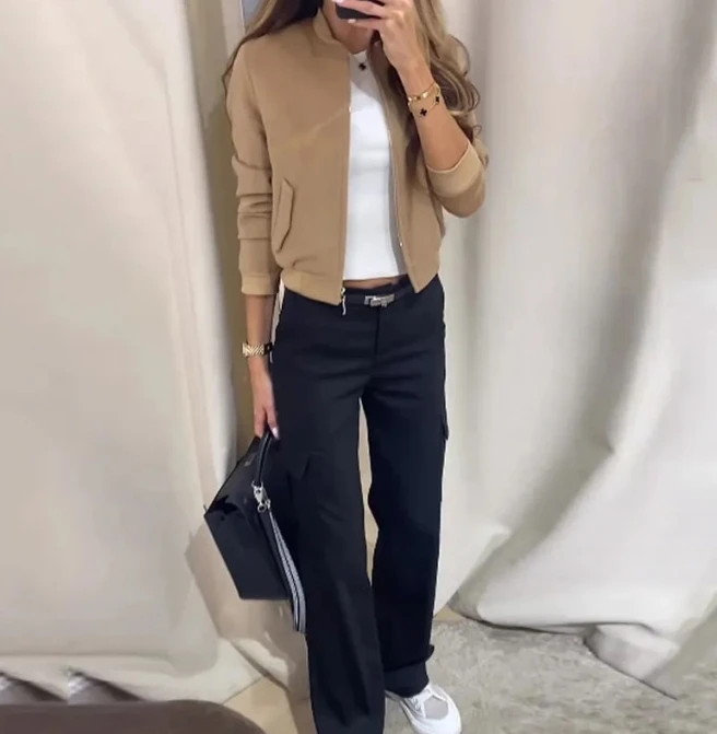 Elegant Women's Sets 2023 Autumn/winter New Casual Fashion Khaki Polo Neck Short Top&slim Straight Trouser Set Female Clothing