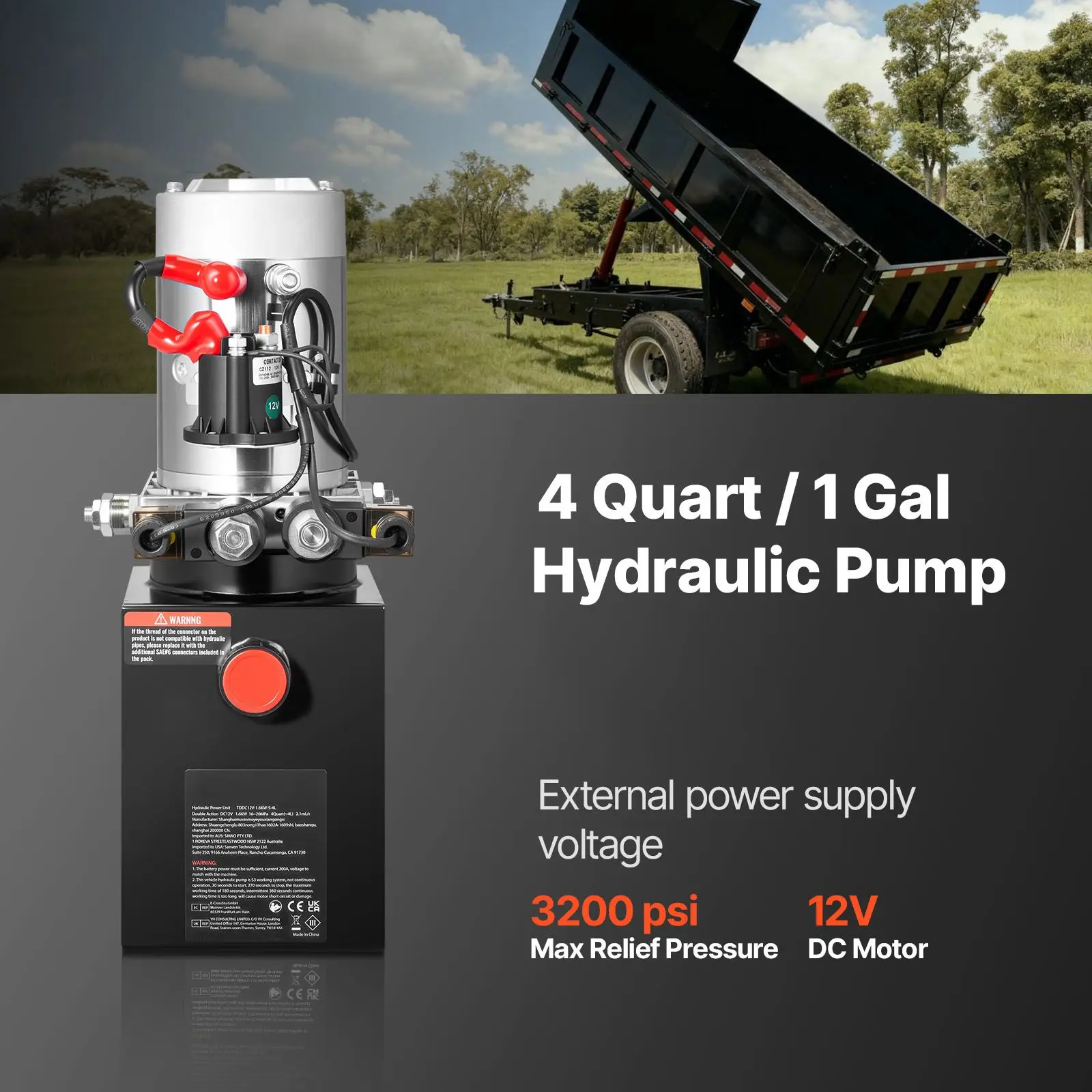 4 Quart Hydraulic Power Unit, Double Acting Dump Trailer Pump, 3200 PSI Max Relief Pressure & 0.91 GPM Flow Rate, DC 12V Hydraul