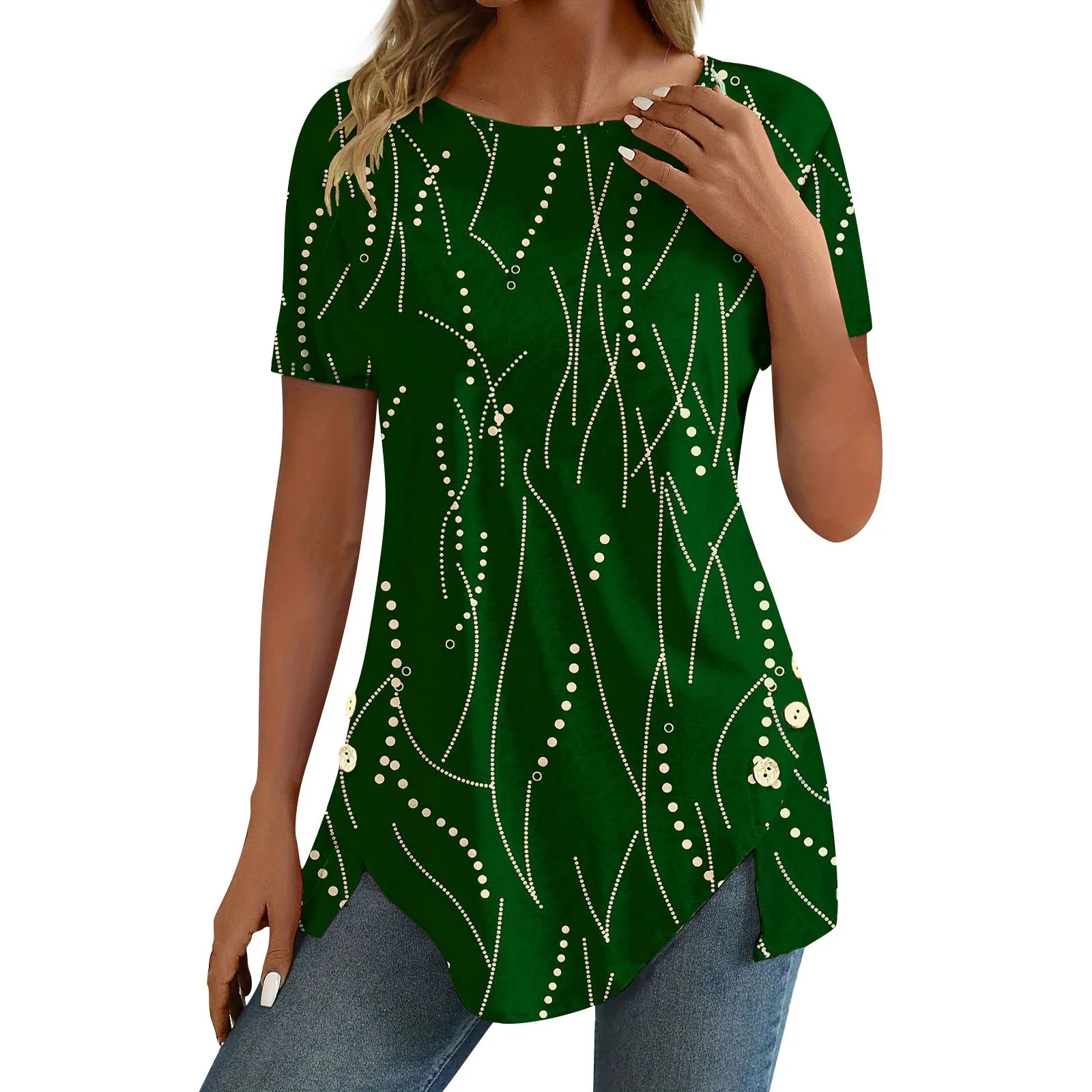 تيشيرت نسائي قصير الأكمام بنقط البولكا ، تيشيرت بحافة غير منتظمة ، تيشيرتات بياقة مستديرة ، أزرار ، لون سادة ، موضة صيفية