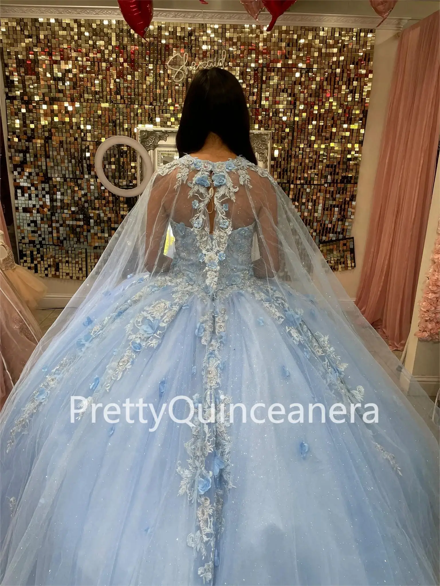 Sky Blue Sweetheart Neckline Handmade Flowers Quinceanera Gown Glitter Tulle Sweet Sixteen Dress with Cape