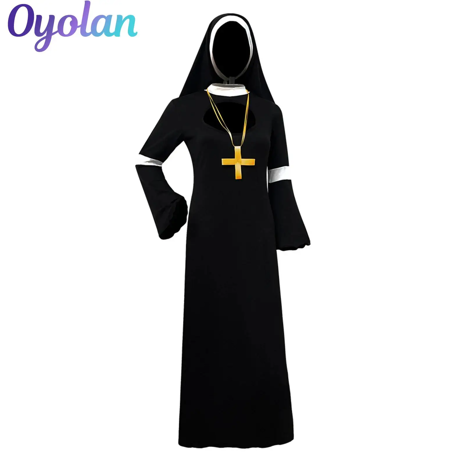 

Womens Adult Naughty Nun Evil Cosplay Halloween Outfit Sister Religious Costume Front Side Split Maid Nun Dress with Headscarf